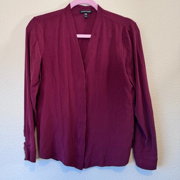 Eileen Fisher Burgundy Red Silk Button Down Shirt Womens XS Fall Preppy Casual - Picture 1 of 9